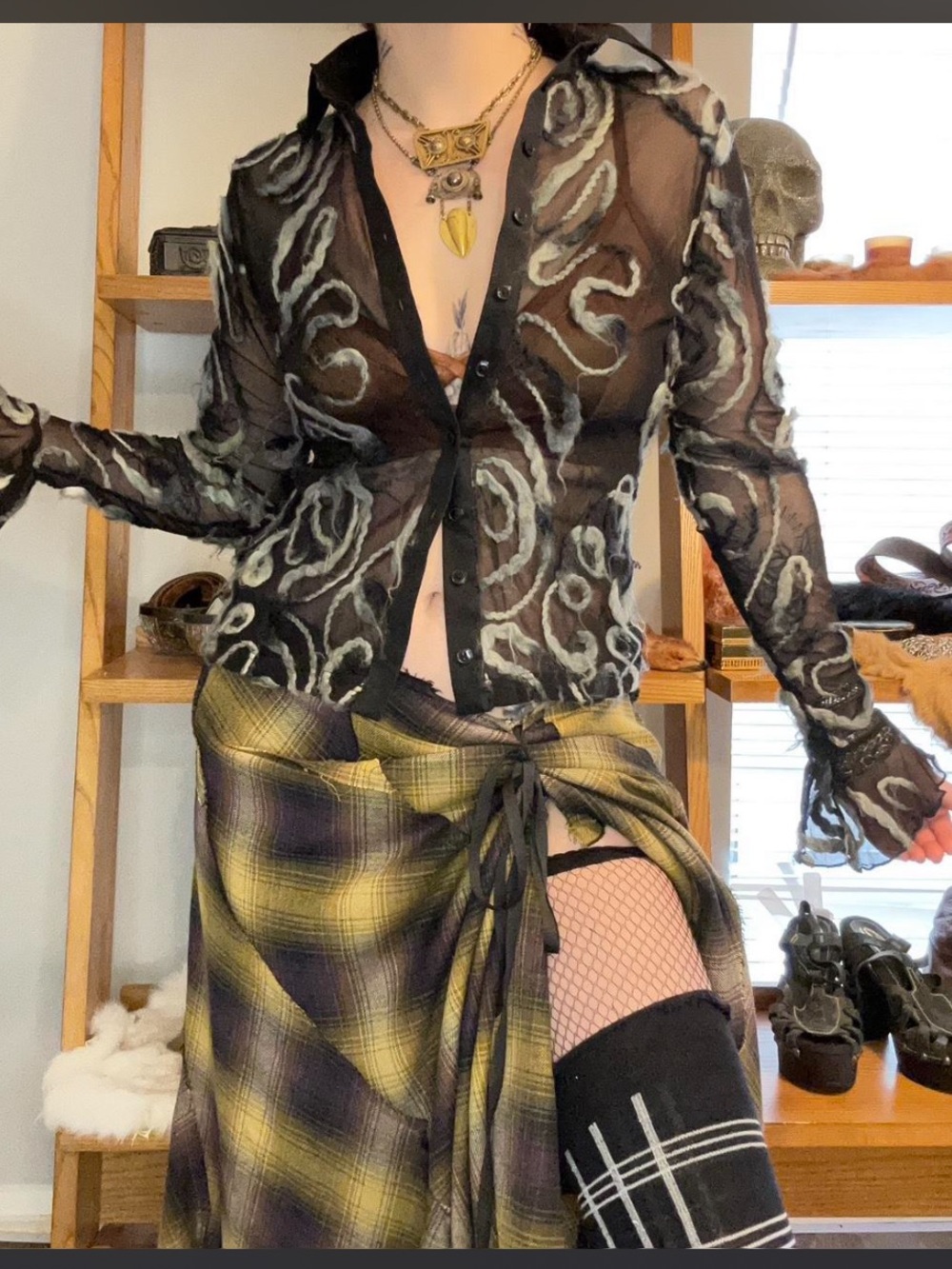 Anne Fontaine Sheer Black Blouse with Gray Swirl Pattern